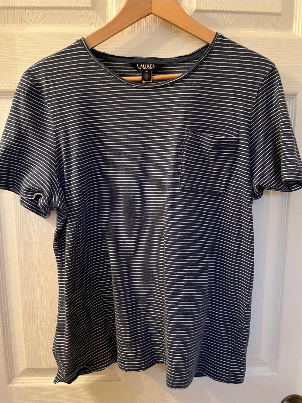 Lauren Ralph Lauren Navy and White Striped Crewneck Pocket Tee